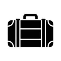 A solid black silhouette of a vintage suitcase, front view, with handle and straps. vector