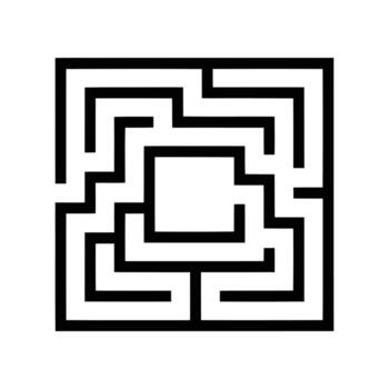 A detailed, high-contrast image of a square maze. The black lines create a complex path, with a central square and various pathways. vector