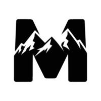 Letter M filled with mountain range silhouette. Black and white graphic design. Peaks and snow create a unique, eye-catching logo. vector