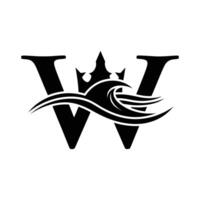 A stylized black and white logo featuring the letter W, a wave, and a crown. The design is simple yet elegant. vector