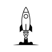 A simple black and white illustration of a rocket ship blasting off, with flames and smoke billowing from the base. The rocket is centered. vector
