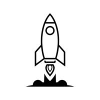 A minimalist black and white illustration of a rocket launching, viewed from a front perspective. The focus is sharp, highlighting the rocket's design. vector