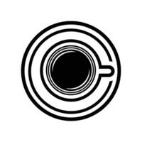 A minimalist black and white graphic of a coffee cup and saucer, featuring concentric circles and a stylized handle on a white background. vector