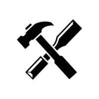 A black silhouette of a hammer and chisel crossed, set against a clean white background. Tools for carpentry and woodworking. vector