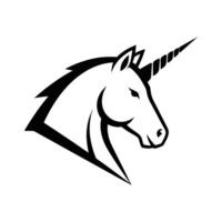 A black and white graphic design of a unicorn head in profile view, featuring a bold, stylized outline and a spiraled horn. vector
