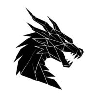 A striking black and white illustration of a dragon's head. The design features a geometric style, with sharp angles and a menacing open mouth. vector