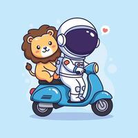 cute lion with astronaut helmet and scooter illustration graphic design vector