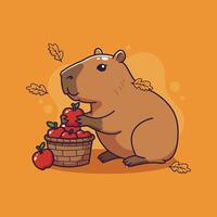Cute Capybara Gathering Apples in Autumn. illustration vector