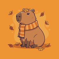 Cute Capybara in Autumn with Scarf and Leaves vector