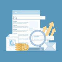 SEO concept search engine optimization, search marketing, digital marketing strategy. keywords to improve page rank. web promotion or other SEO issues. flat style illustration. vector