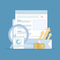 SEO concept search engine optimization, search marketing, digital marketing strategy. keywords to improve page rank. web promotion or other SEO issues. flat style design illustration. vector