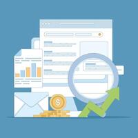 SEO concept search engine optimization, search marketing, digital marketing strategies. keywords to improve page rank. web promotion or other SEO issues. stylish design illustration on background. vector