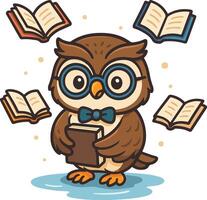 Owl reading book with many books illustration vector