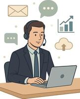 Call center agent working on laptop with phone icons and other icons vector