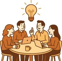Illustration of people sitting around a table with a light bulb above it vector