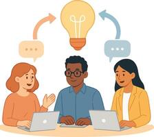 Illustration of people working on laptops with light bulb above them vector
