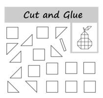 Paper game for kids. DIY worksheet. Color, cut out the parts of the image and glue on the paper. Cartoon pear. vector