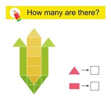 Math activity for kids. How many geometric shapes Cartoon corn. vector