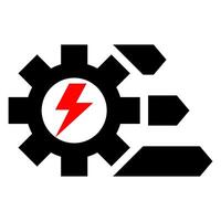 The icon is a gear with a red electric bolt in the middle, symbolizing energy technology, industrial power and energy efficiency. vector