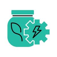 Green minimalist jar with gears and leaves, expressing green technology and efficient electricity storage system. vector