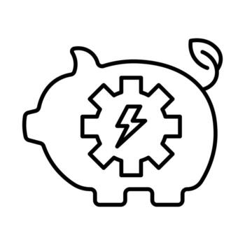 An outlined icon of a piggy bank with a gear inside, representing the connection between energy efficiency and economic management. vector