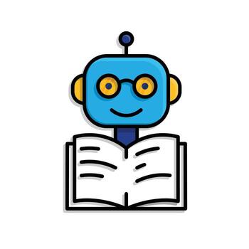 educación icono. ai tutor o inteligente asistente. linda robot con lentes y abierto libro icono. elegante, aprendiendo, inteligente. mezclado diseño estilo vector