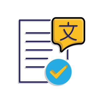 education icon. literature. paper or article with multi language symbol and check mark. smart, learn, clever. Mixed design style vector
