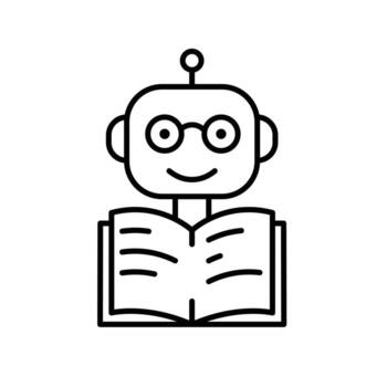 education icon. AI Tutor or Smart Assistant. Cute robot with glasses and open book icon. smart, learning, clever. Outline design style vector