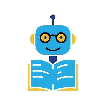 educación icono. ai tutor o inteligente asistente. linda robot con lentes y abierto libro icono. elegante, aprendiendo, inteligente. plano diseño estilo vector