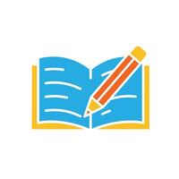education icon. writing. book with pencil on it as if writing. smart, learning, clever. Flat design style vector