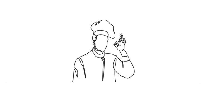 Continuous one line drawing of a chef is cooking in the kitchen, Continuous single line drawing of chef cooking with pan. Professional chef holds pan in single line draw graphic illustration vector