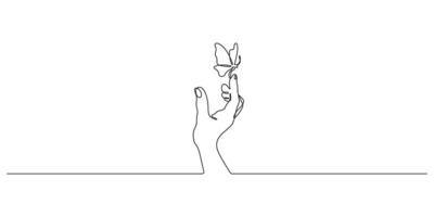 Butterfly with human hand continuous line art drawing. Single one line art butterfly. Graphic illustration vector