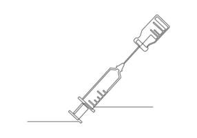 Continuous line drawing of a syringe with a vaccine tube. Medical syringe isolated on white background. Health and medical concepts. Medical disposable syringe with needle. Graphic illustration vector