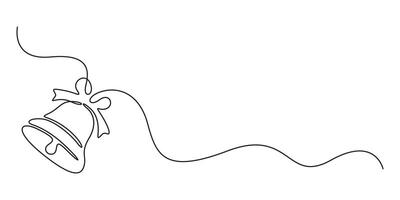 Continuous one line drawing of Christmas bells. Xmas festive decoration with mistletoe and bow in simple linear style. Doodle graphic illustration vector