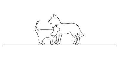 Dog and cat continuous one line drawing. Simple Line art Dog and Cat silhouette. Dog and Cat are standing together. Graphic illustration vector