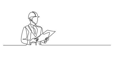 Continuous line drawing of young construction worker, Engineers man in hard hat, worker with protective headphones on white background continuous single line art graphic illustration vector