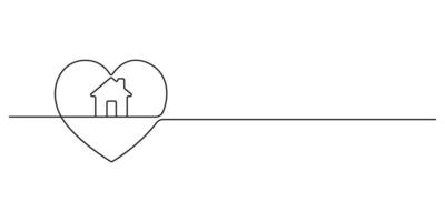 House icon continuous one line drawing. Single line art home icon inside heart graphic illustration vector