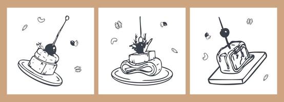 Three appetizer snacks on the sticks drawings, tasty banquette canape with cheese, bacon, grapes, figs and greens. Food hand drawn illustrations for restaurant and cafe menu decorations. vector