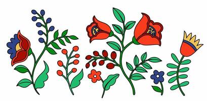 Set of abstract fantasy flowers, berries and leaves in folk style. Doodle style illustration vector