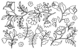 Coloring book. Set of abstract fantasy flowers and leaves in folk style. Doodle style illustration vector