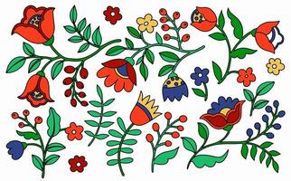 Set of abstract fantasy flowers and leaves in folk style. Doodle style illustration vector