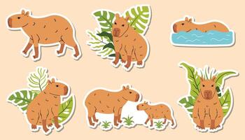 Capybara stickers with greenery background vector