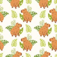 Capybaras on a leaf pattern vector