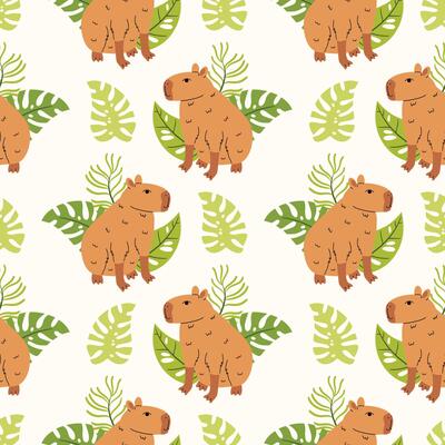 Seamless pattern with funny kawaii capybara and tropical leaf in cartoon flat style, arranged in polka dot order on light background.