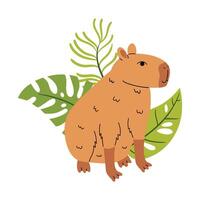 Cartoon flat style capybara surrounded by tropical leaf composition. vector
