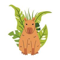 Tropical cartoon composition with capybara and green leaves in flat style, isolated on white. vector