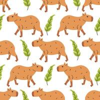 Cartoon flat style seamless pattern with adorable kawaii capybara and exotic leaf in polka dot layout on white background. vector