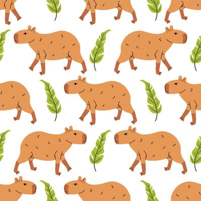 Cartoon flat style seamless pattern with adorable kawaii capybara and exotic leaf in polka dot layout on white background.
