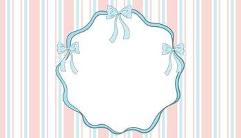 Horizontal poster with pink and blue vertical stripe and blue ribbon frame with bow in cottagecore style on white background. vector