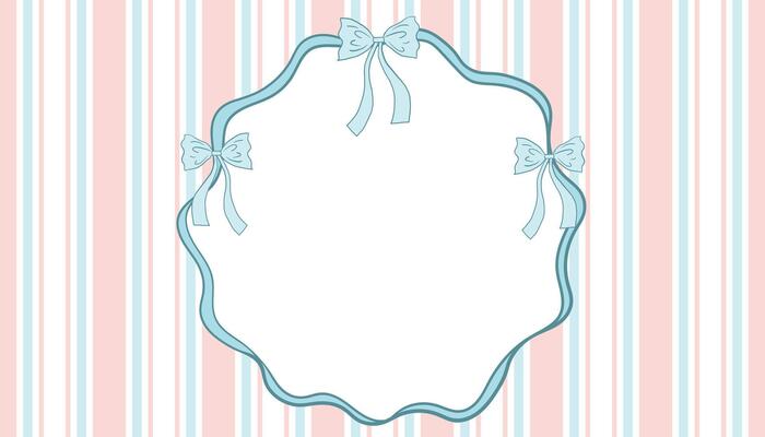 Horizontal poster with pink and blue vertical stripe and blue ribbon frame with bow in cottagecore style on white background.